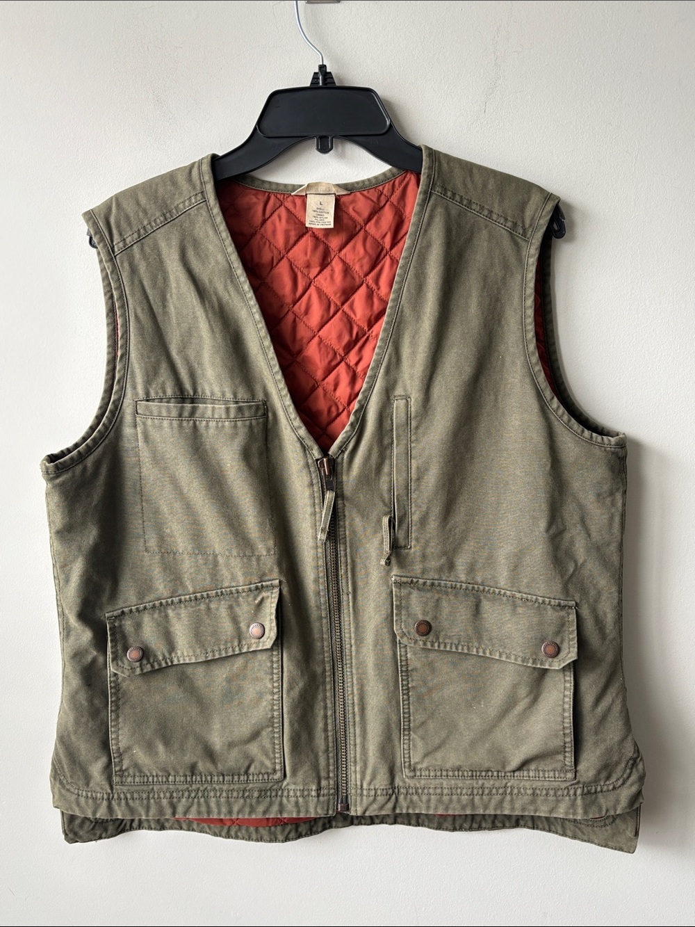 Duluth Trading Company Olive Utility Vest with Orange Quilted Lining Sz L